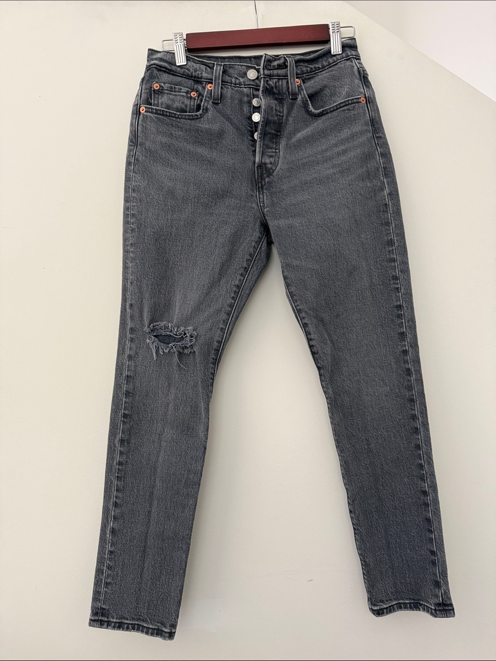 Levi's High-Rise Washed Black Jeans with Distressed Knee